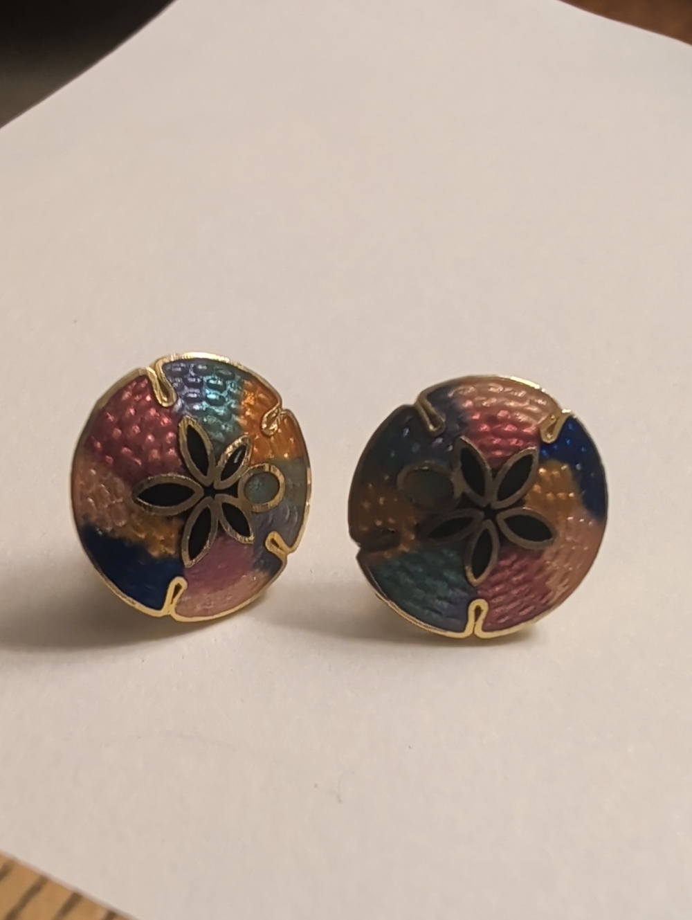 Jewel Tones Sand Dollar Earrings Mosaic Multicolor Gold Floral Stud Pierced